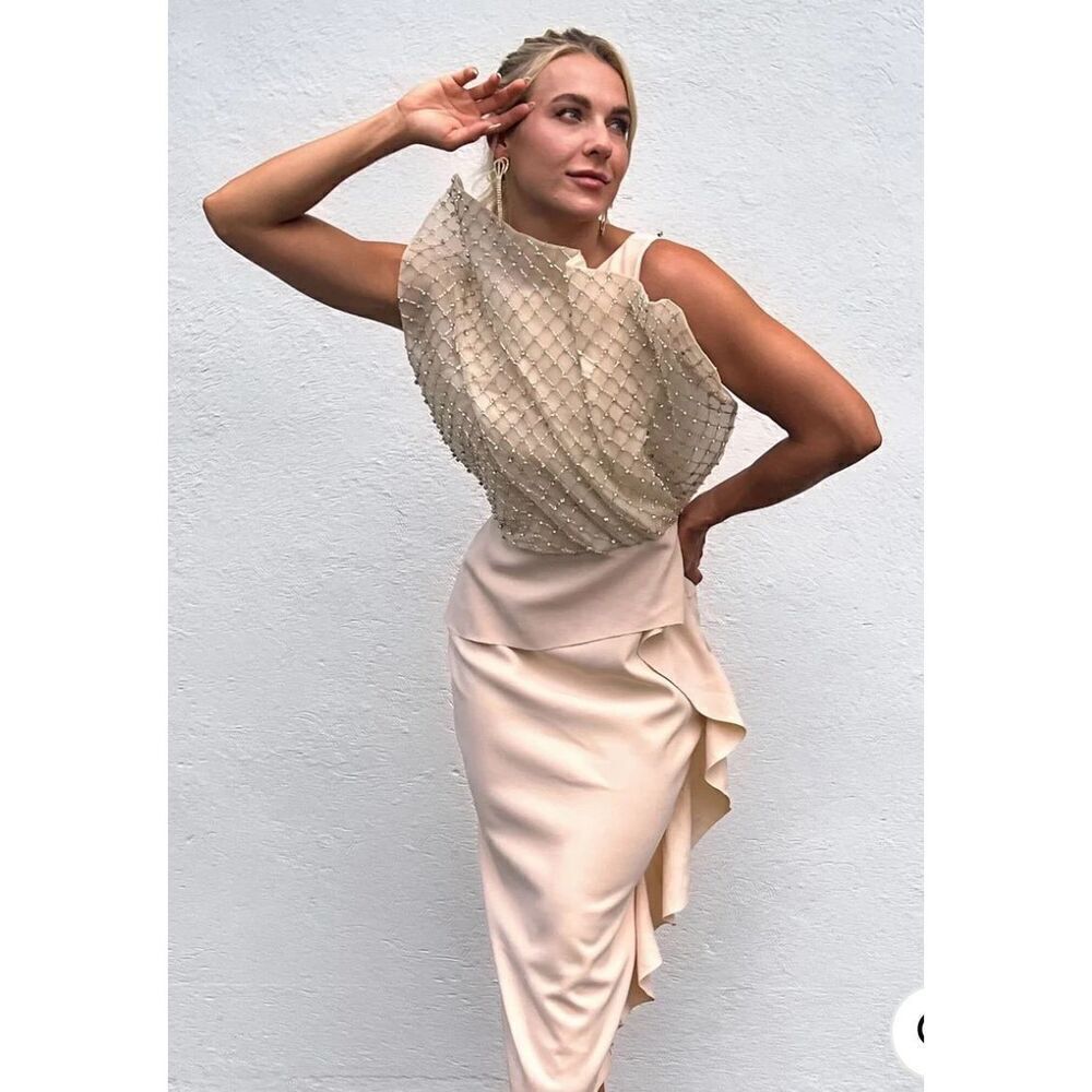RACHEL GILBERT HAND-BEADED CREPE MIDI DRESS in Beige/Nude NWOT Size US 6